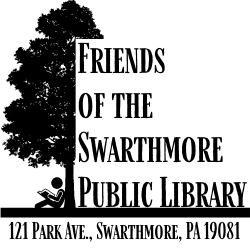 Friends of the Swarthmore Public Library logo showing a tree with a small figure reading a book and sitting down with their back against the trunk